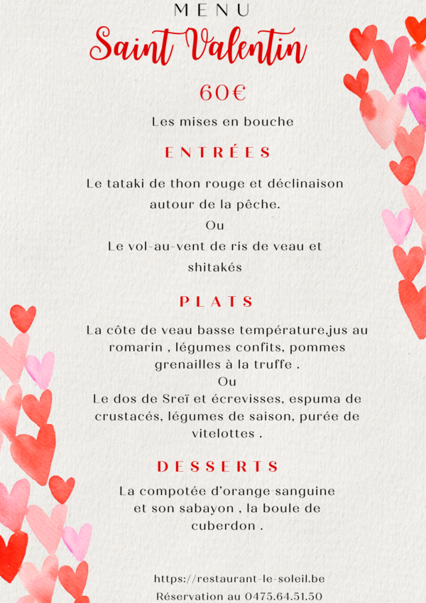 Menu Saint Valentin Le Soleil Restaurant Bar Walhain