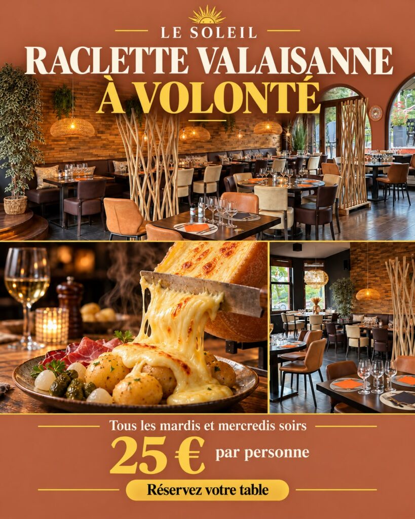 Publication pour les soirées raclette au restaurant le soleil à Walhain